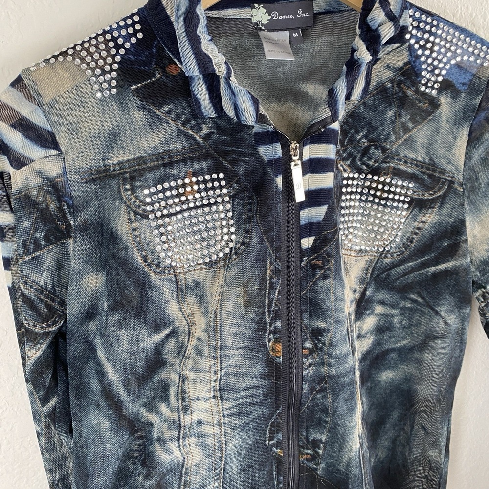 Damee M Denim Look Mesh Jacket Print Sheer Zip Rhinestone Western Wearable Art - Picture 3 of 5